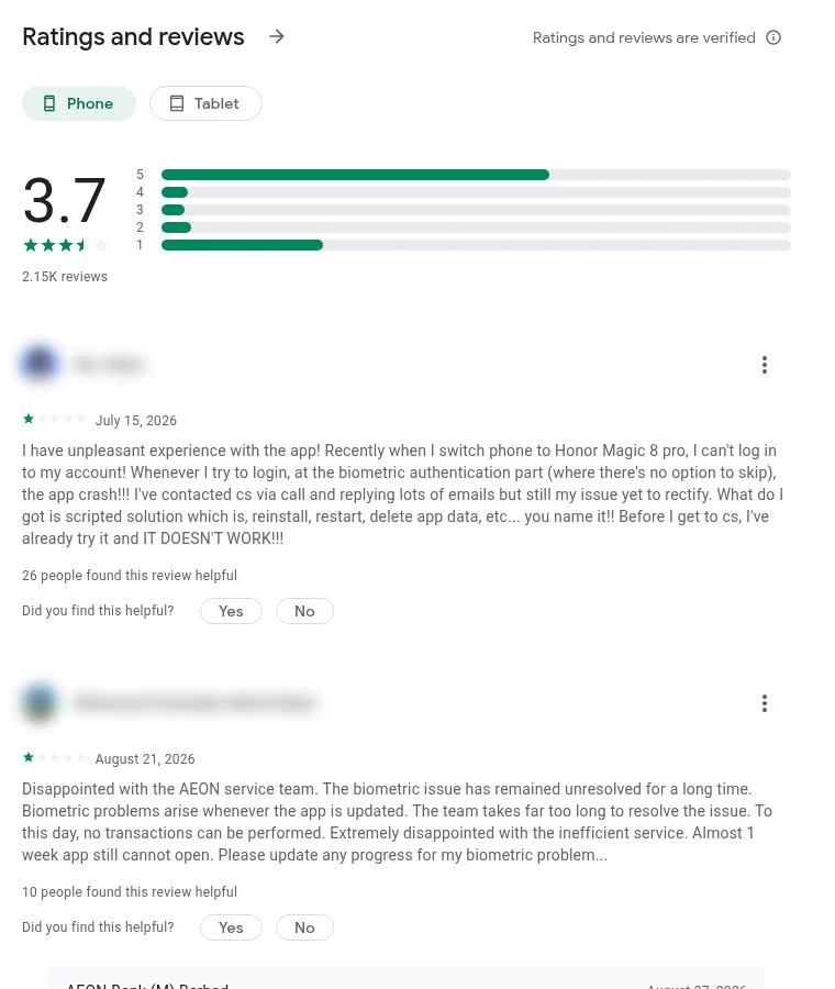 Screenshot of AEON Bank Google Play rating and user reviews
