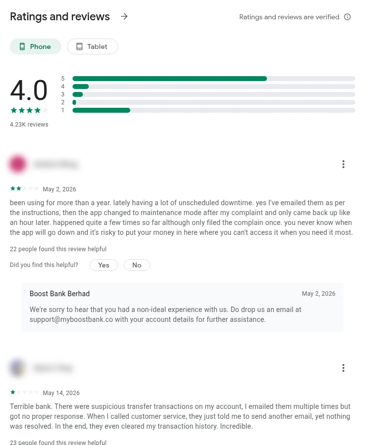 Screenshot of Boost Bank Google Play rating and star breakdown with user reviews