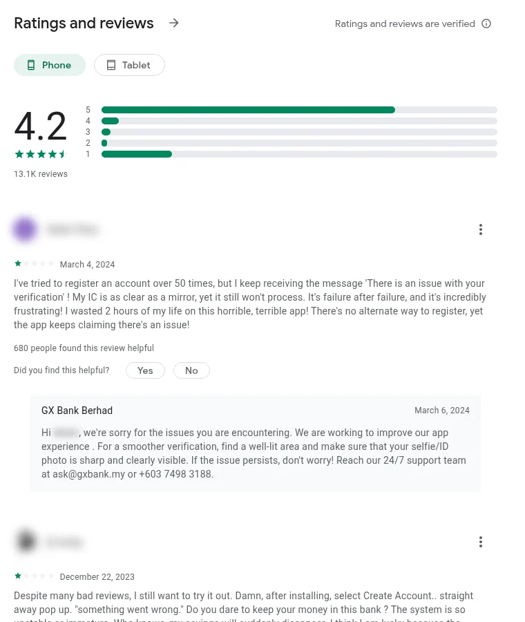 Screenshot of GXBank Google Play rating 4.2 and recent user reviews