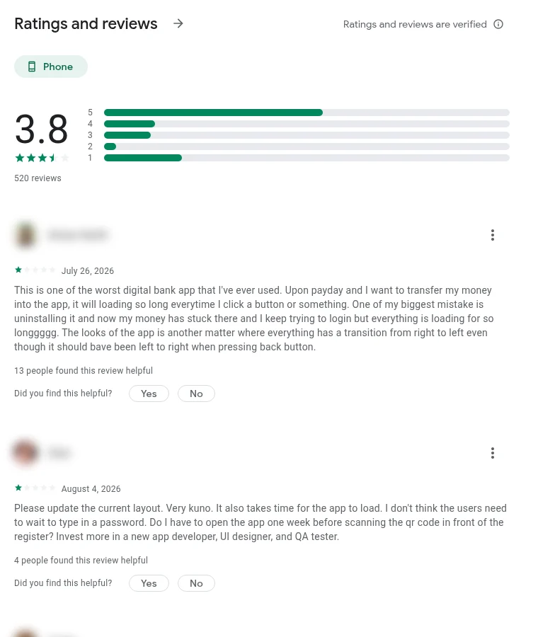 Screenshot of KAF digital bank Google Play rating and user reviews