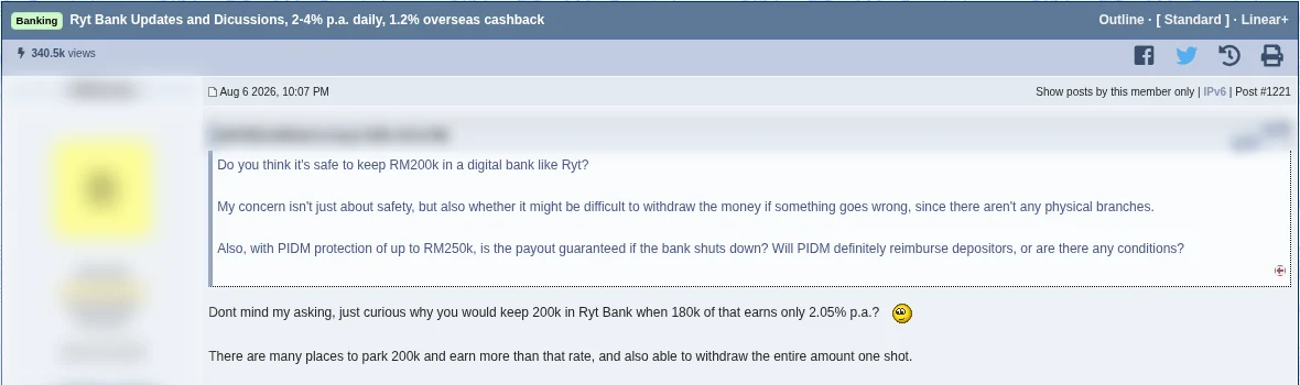 Screenshot of the Ryt Bank discussion thread on the Lowyat.NET forum with users discussing how much to keep in Ryt
