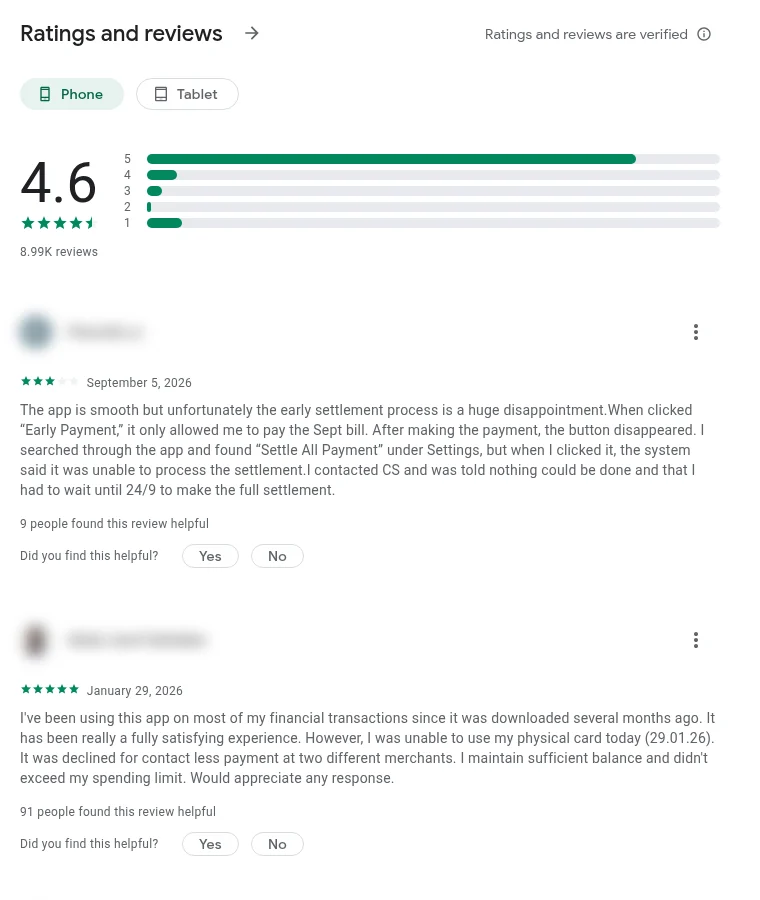 Screenshot of Ryt Bank Google Play rating 4.6 with star breakdown and two user reviews